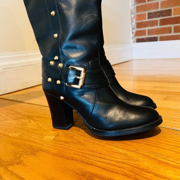 MICHAEL KORS BLACK LEATHER KNEE HIGH BOOTS WITH BUCKLE & RIVETS SZ 8 M - Picture 9 of 16